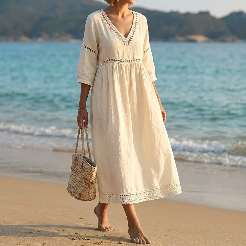 Summer Dresses for Women, Crochet Trim Midi Dress with Pockets
