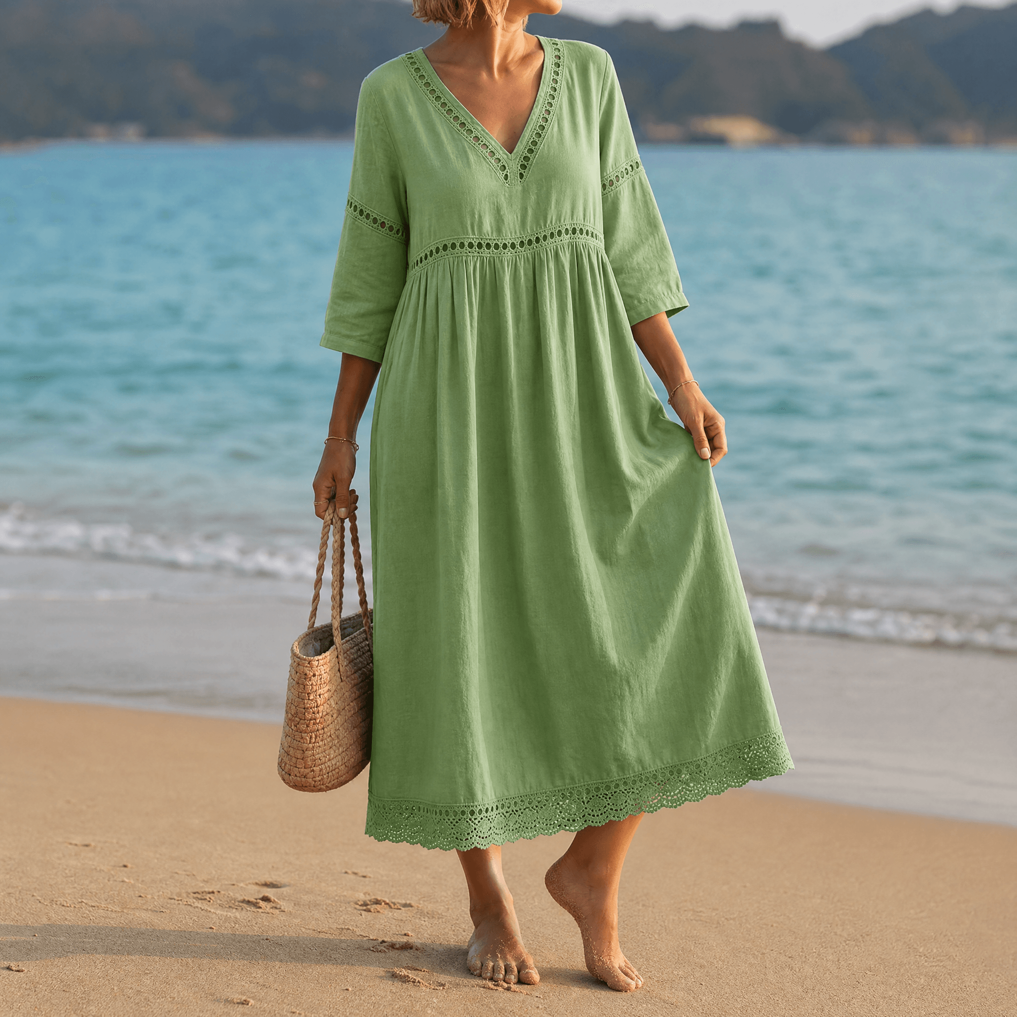 Summer Dresses for Women, Crochet Trim Midi Dress with Pockets