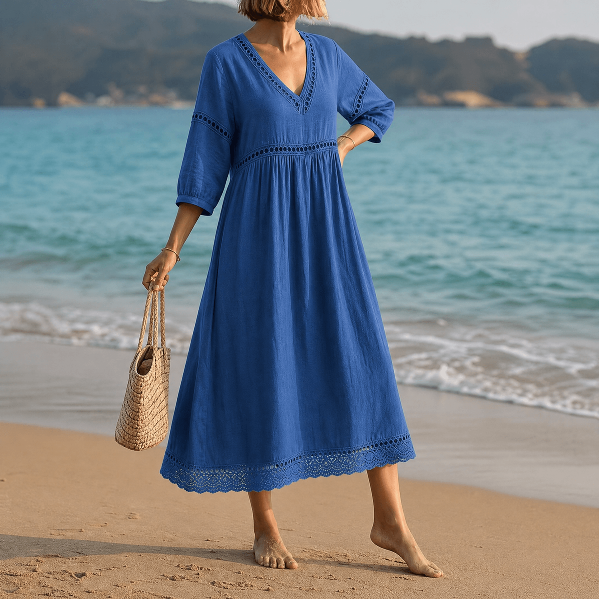 Summer Dresses for Women, Crochet Trim Midi Dress with Pockets