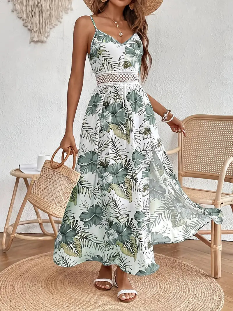 Summer Dresses for Women, Floral Maxi Dress with Lace Waist Detail