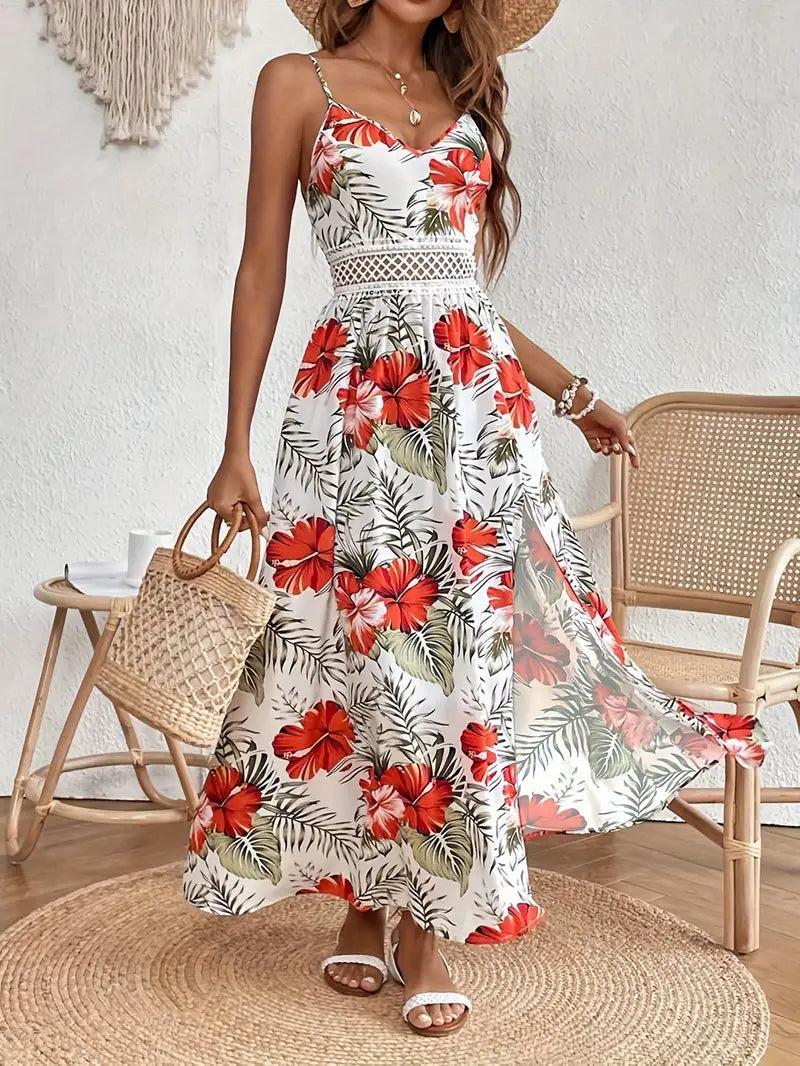 Summer Dresses for Women, Floral Maxi Dress with Lace Waist Detail