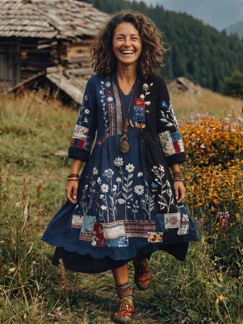Summer Dresses for Women in Embroidered Linen-Look Midi with Patchwork