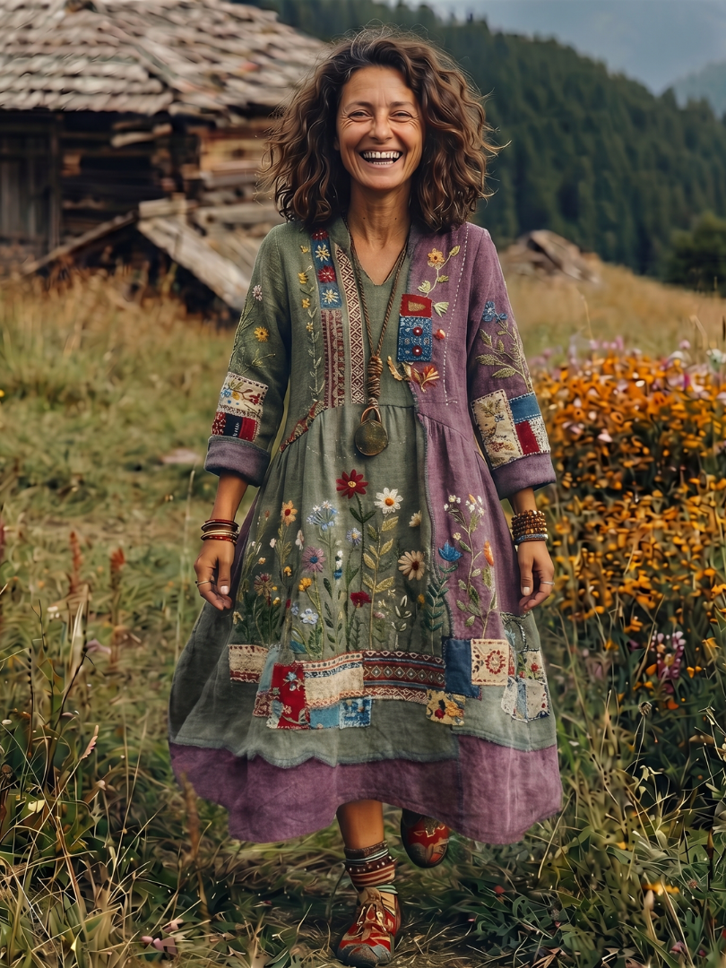 Summer Dresses for Women in Embroidered Linen-Look Midi with Patchwork