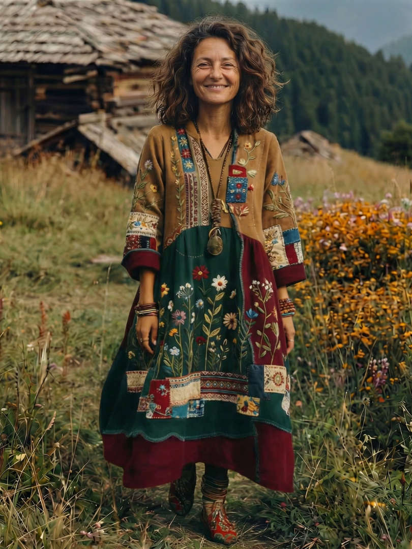 Summer Dresses for Women in Embroidered Linen-Look Midi with Patchwork