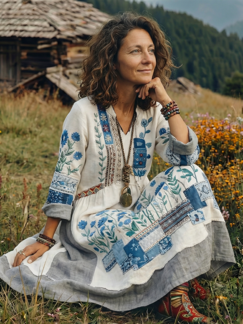 Summer Dresses for Women in Embroidered Linen-Look Midi with Patchwork
