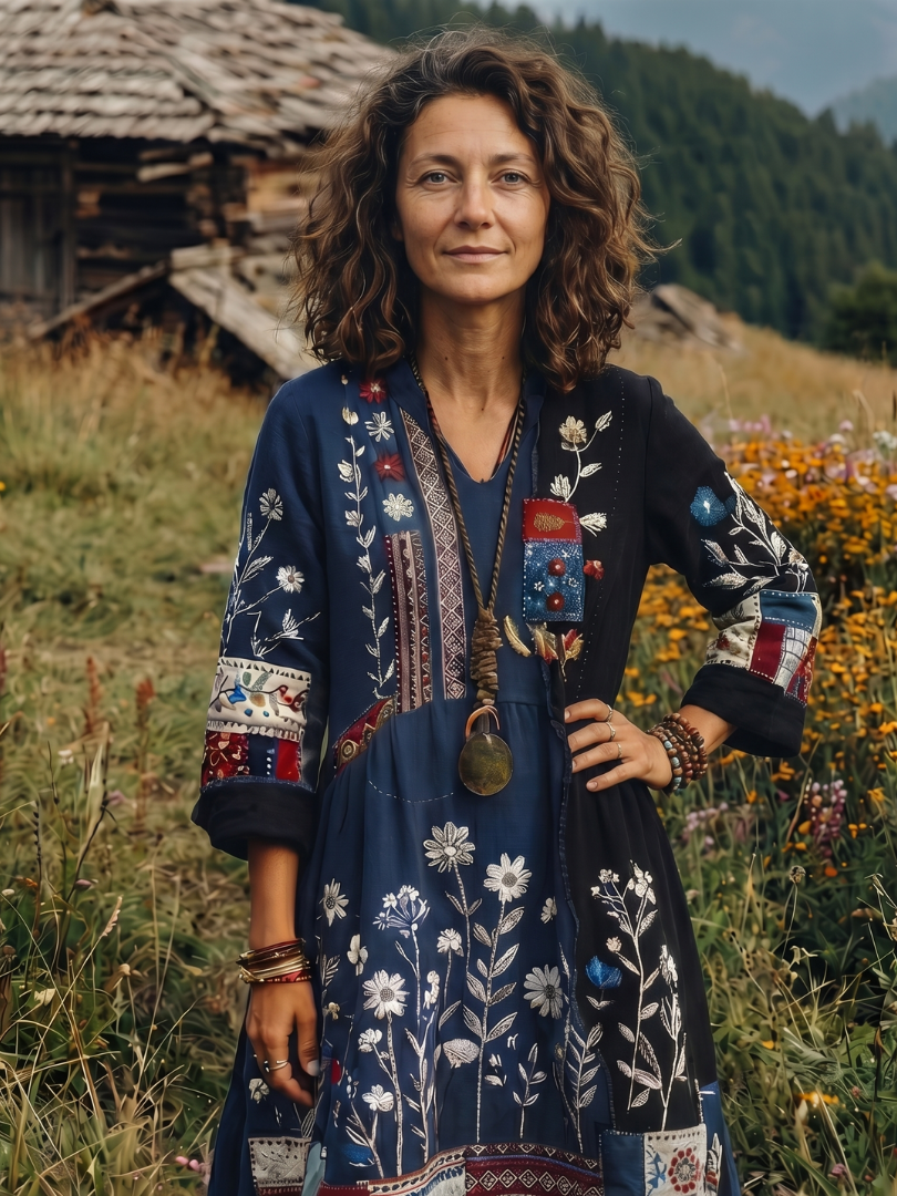 Summer Dresses for Women in Embroidered Linen-Look Midi with Patchwork