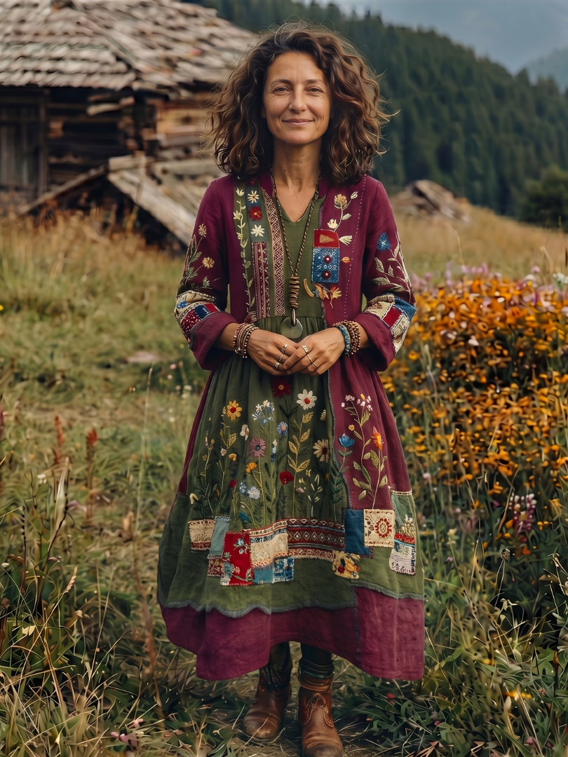 Summer Dresses for Women in Embroidered Linen-Look Midi with Patchwork