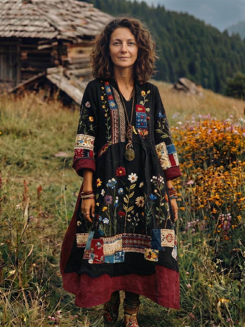 Summer Dresses for Women in Embroidered Linen-Look Midi with Patchwork