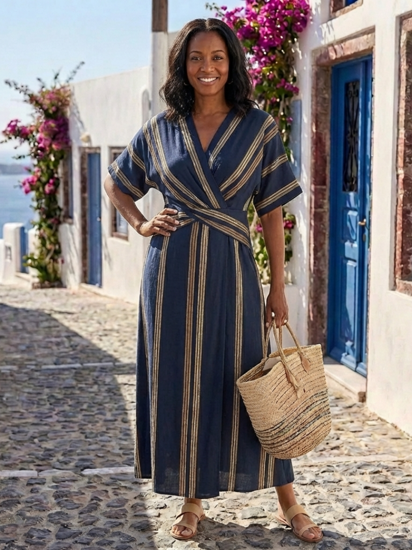Summer Dresses for Women: Navy Striped V-Neck Wrap Midi Dress