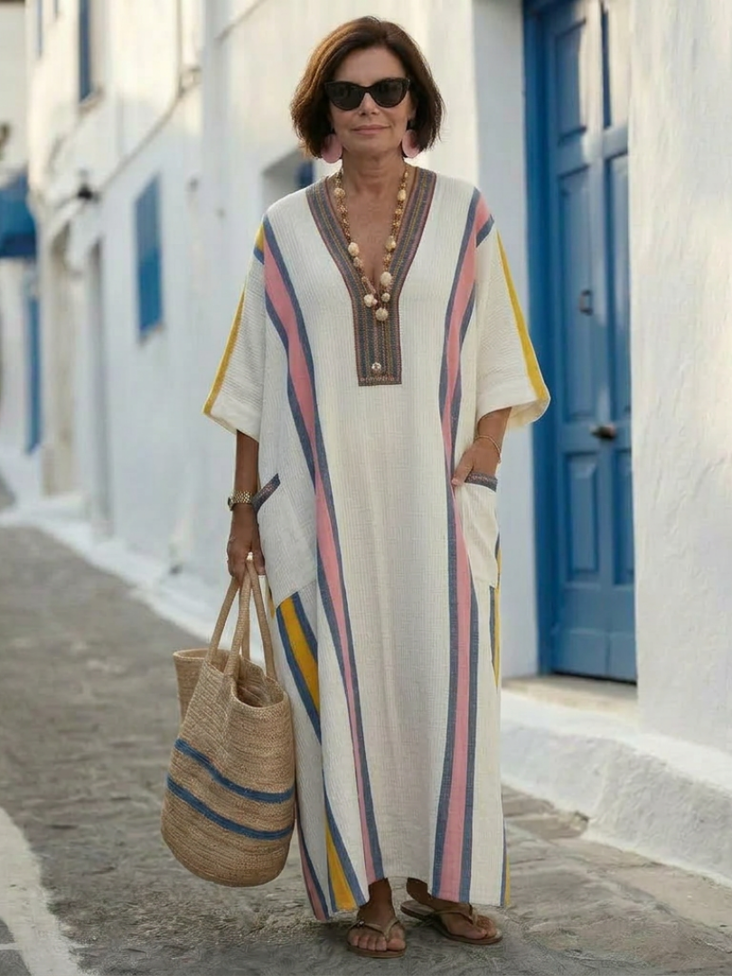 Summer Dresses for Women, V Neck 3/4 Sleeve Maxi Dress in Linen Look