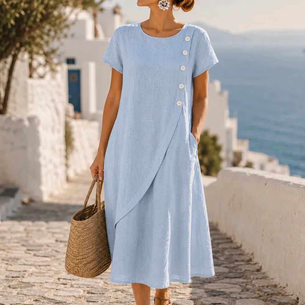 Summer Dresses for Women with Asymmetric Button Front in Linen Look