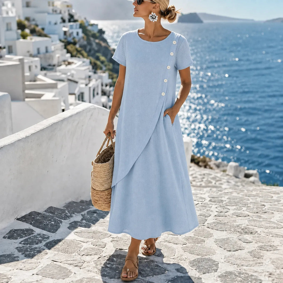 Summer Dresses for Women with Asymmetric Button Front in Linen Look