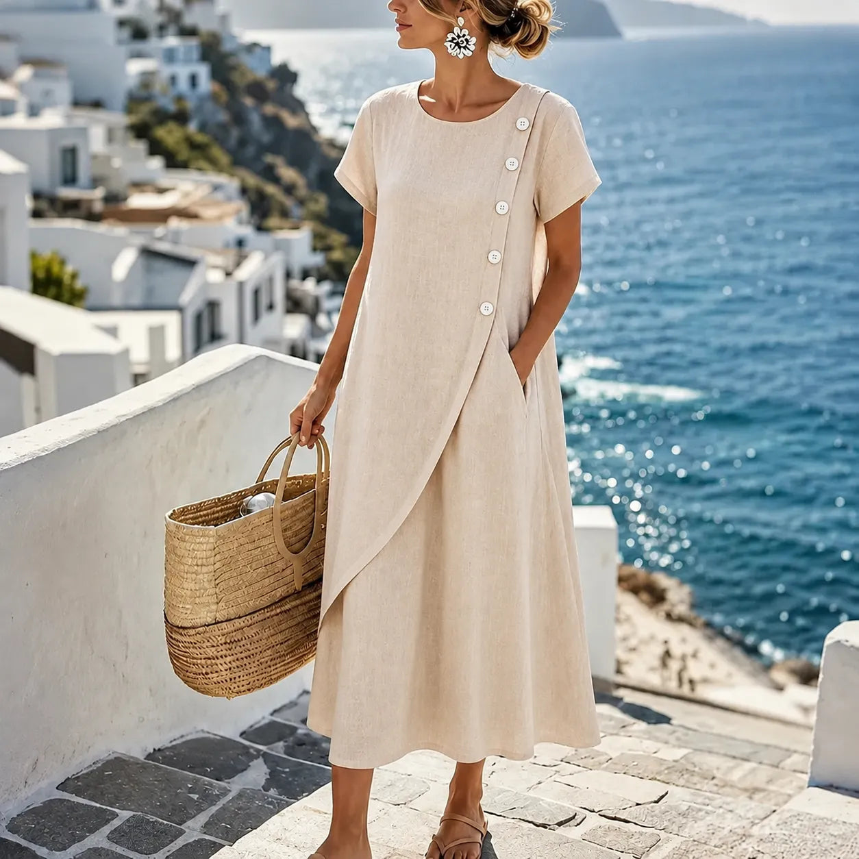 Summer Dresses for Women with Asymmetric Button Front in Linen Look
