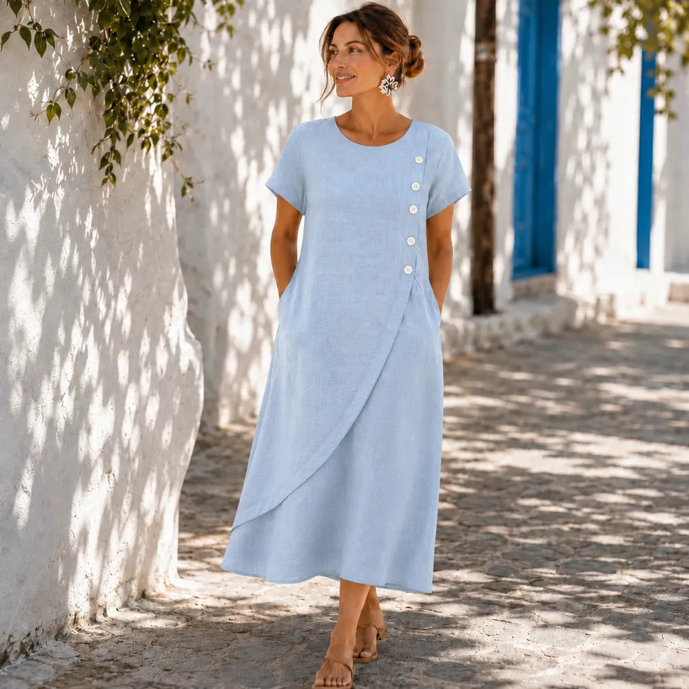 Summer Dresses for Women with Asymmetric Button Front in Linen Look