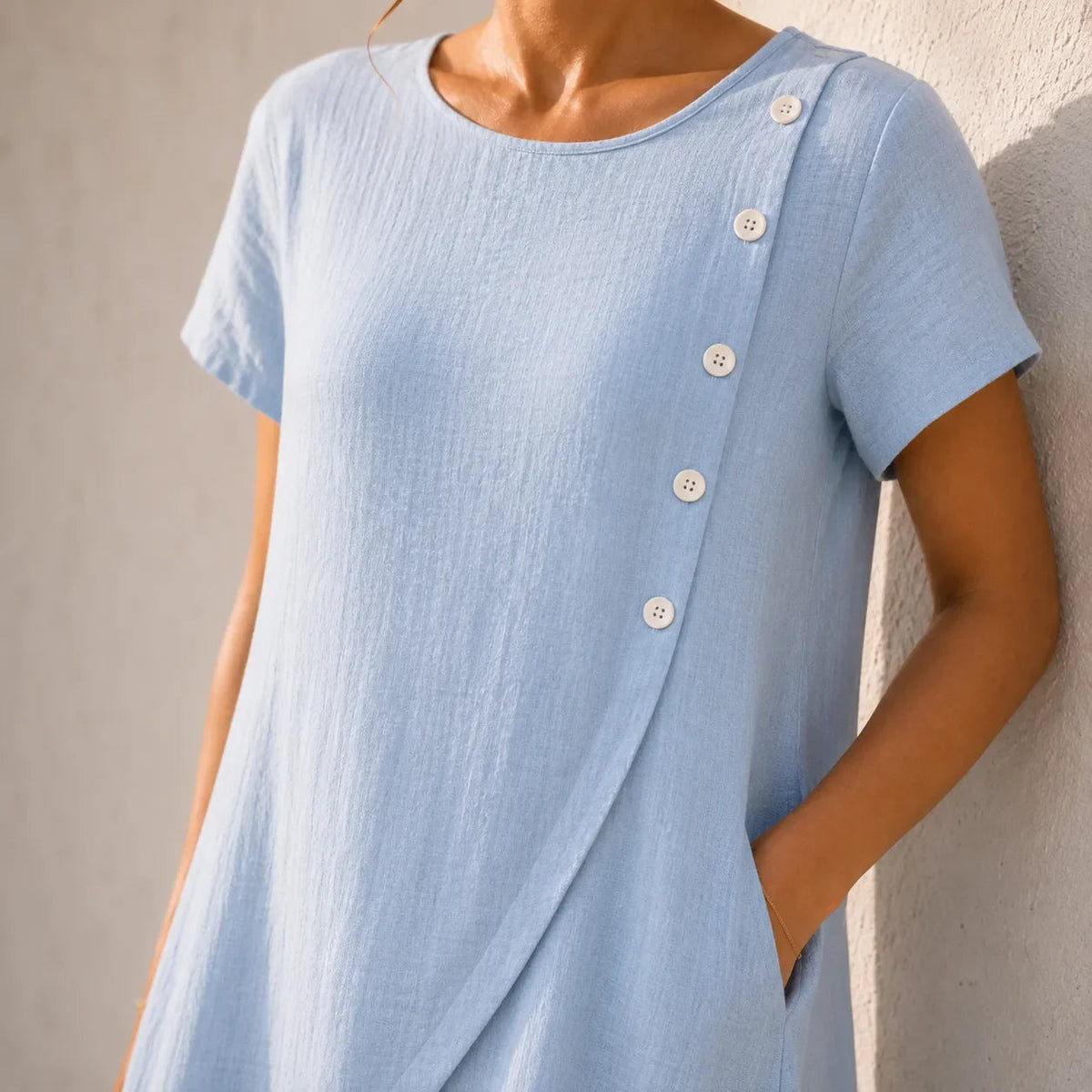 Summer Dresses for Women with Asymmetric Button Front in Linen Look