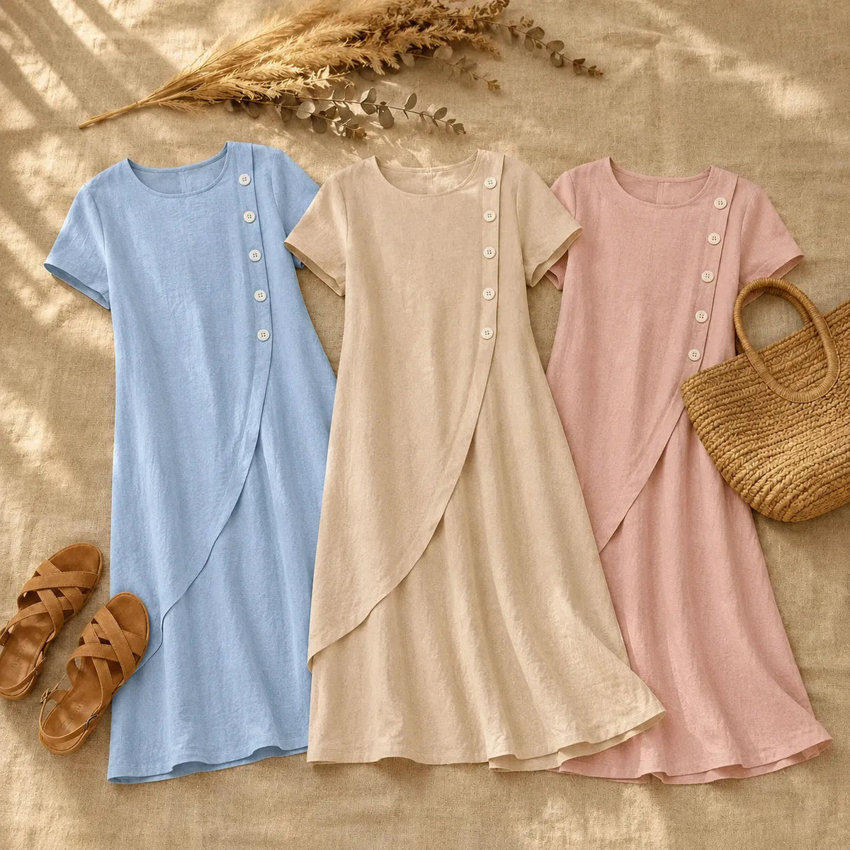 Summer Dresses for Women with Asymmetric Button Front in Linen Look