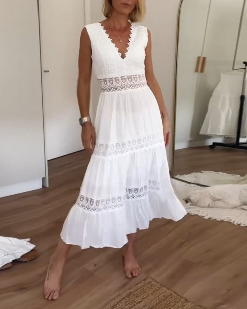 Summer Dresses for Women with Crochet Lace Trim and Tiered Maxi Skirt