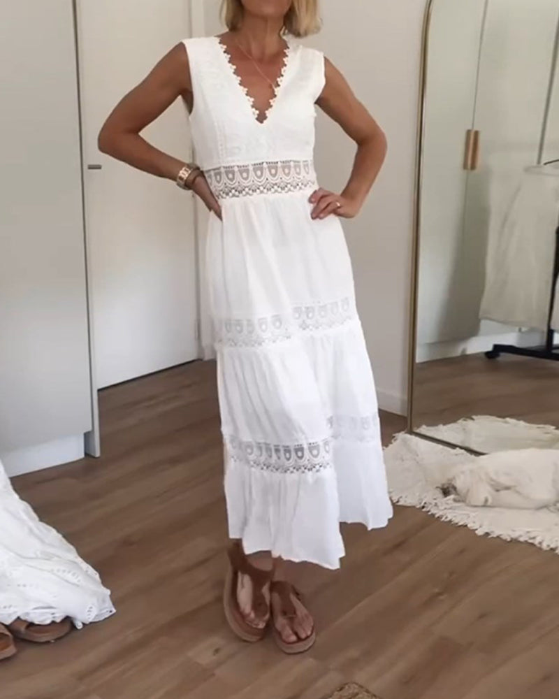 Summer Dresses for Women with Crochet Lace Trim and Tiered Maxi Skirt