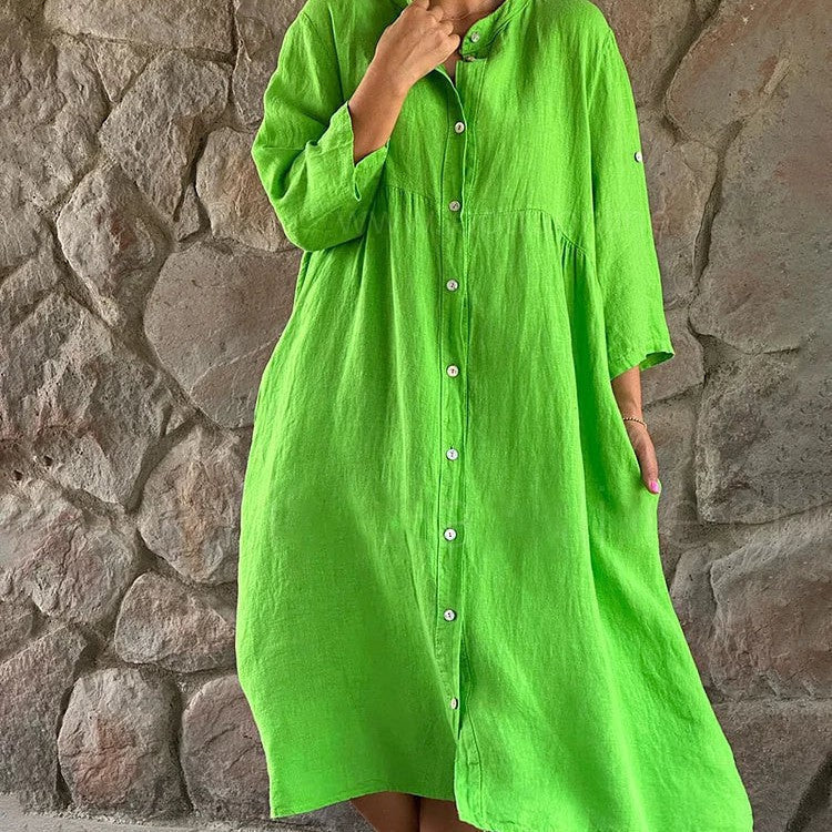Summer Dresses Midi Dress with Stand Collar in Linen Look for Women