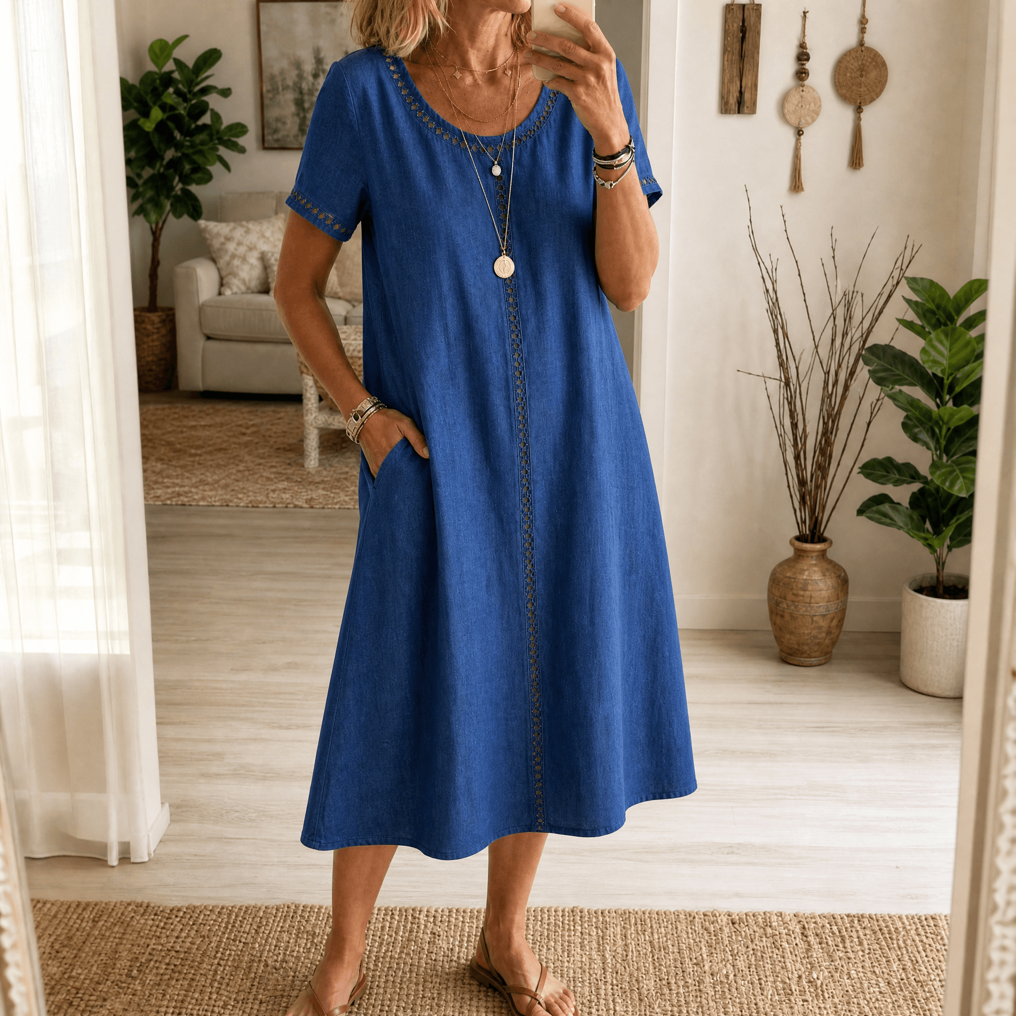 Summer Dresses: Women's Denim Midi Dress with Eyelet Trim