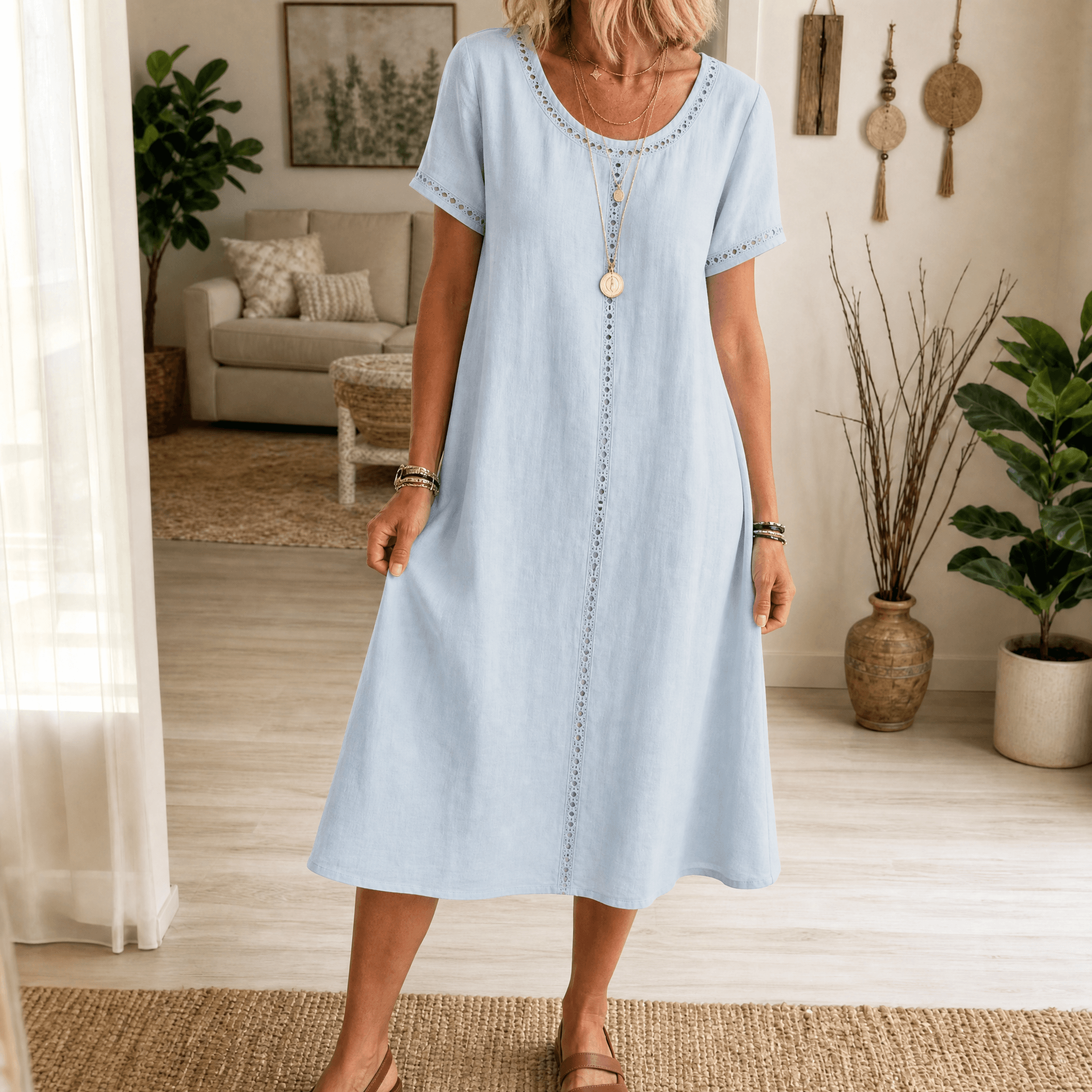 Summer Dresses: Women's Denim Midi Dress with Eyelet Trim