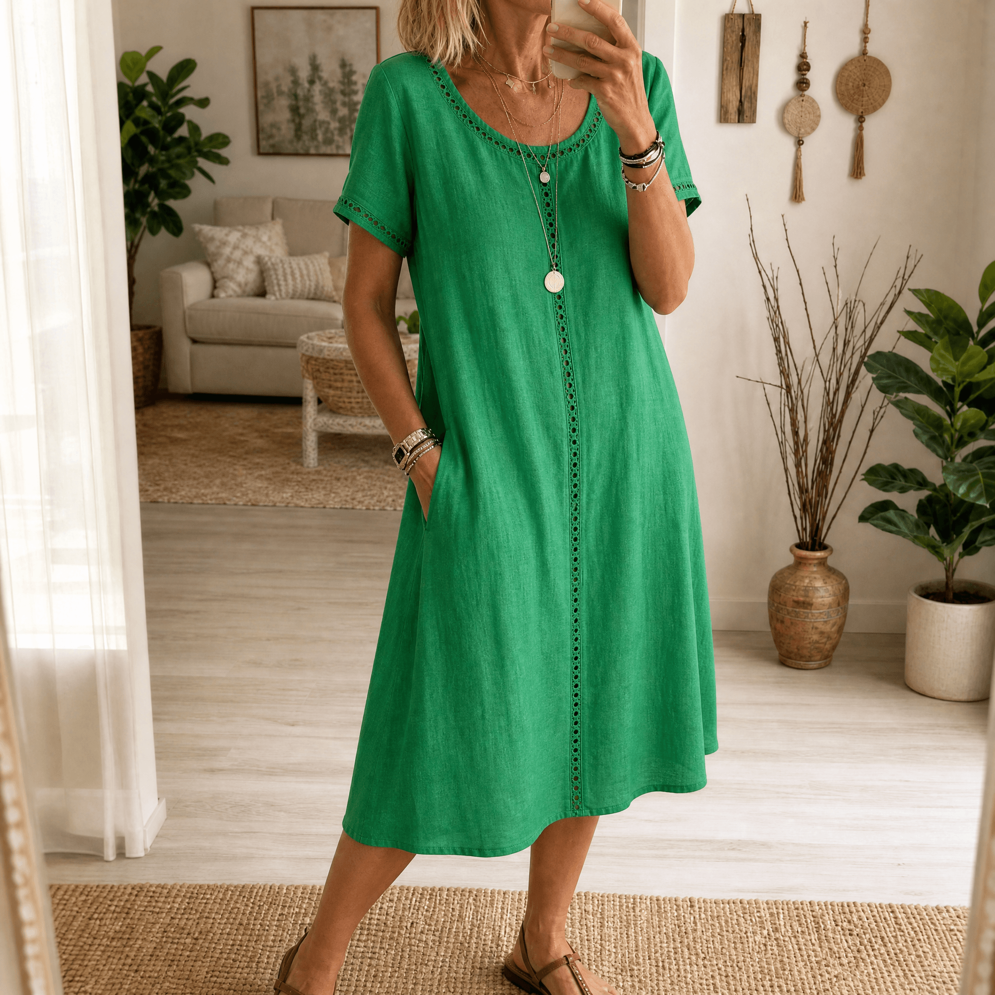 Summer Dresses: Women's Denim Midi Dress with Eyelet Trim