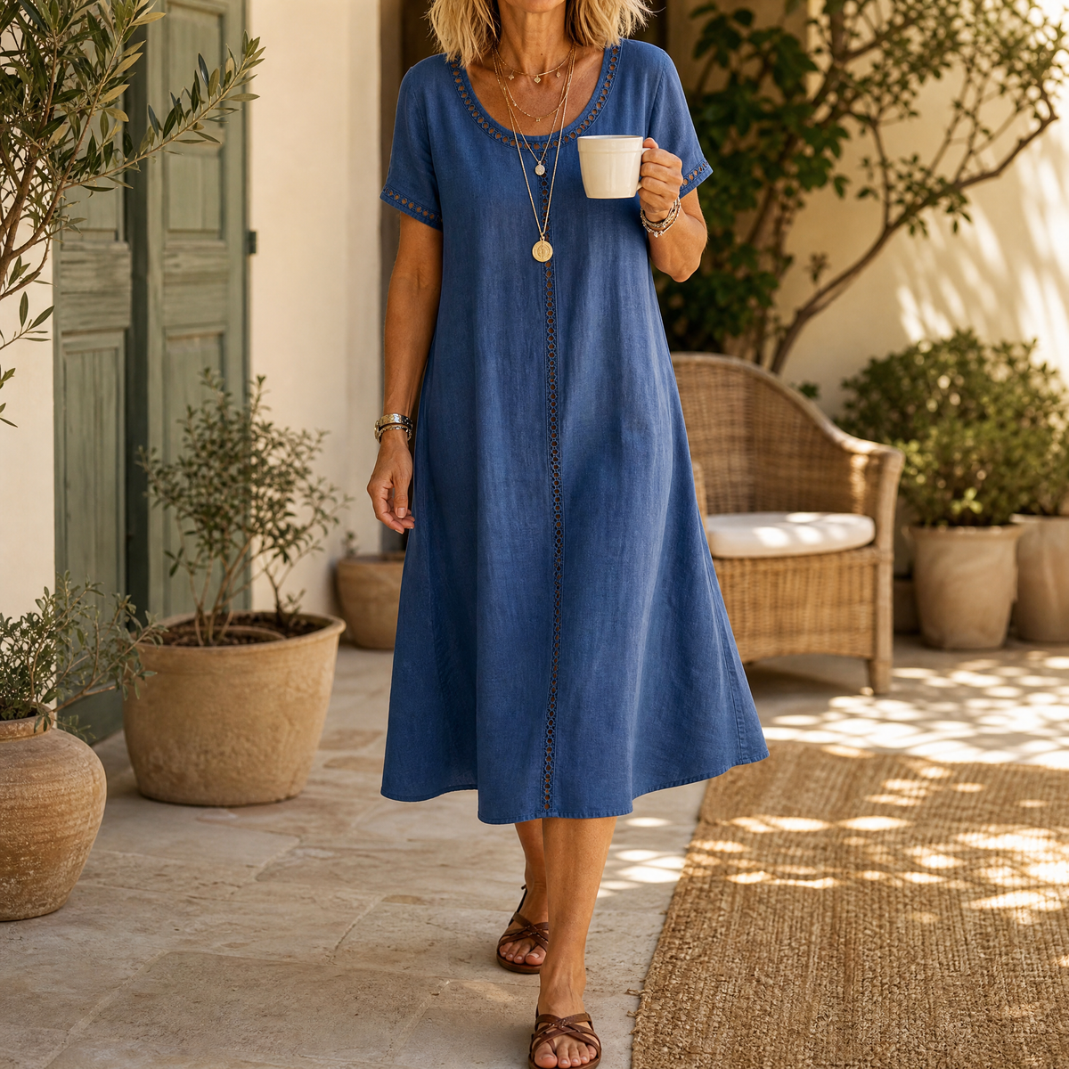 Summer Dresses: Women's Denim Midi Dress with Eyelet Trim