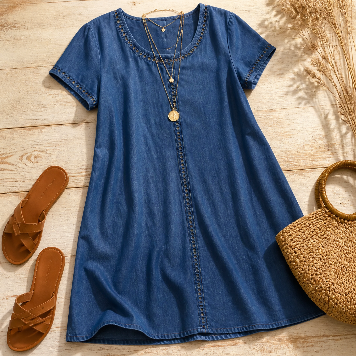 Summer Dresses: Women's Denim Midi Dress with Eyelet Trim