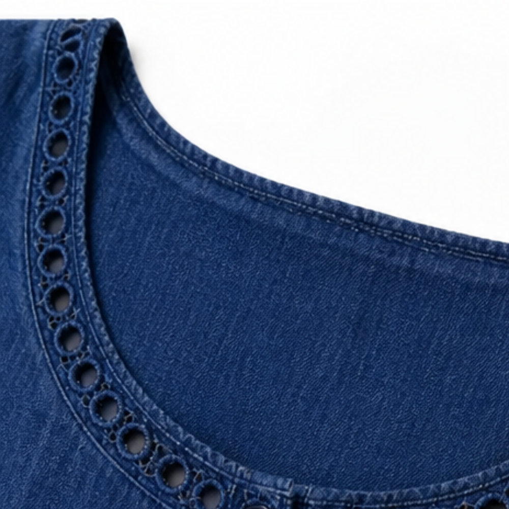 Summer Dresses: Women's Denim Midi Dress with Eyelet Trim