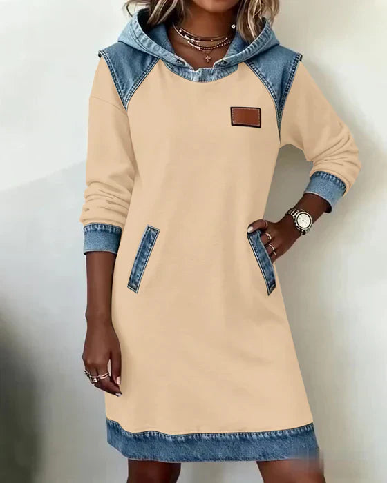 Summer Dresses: Women's Hooded Long Sleeve Midi Dress with Denim Look