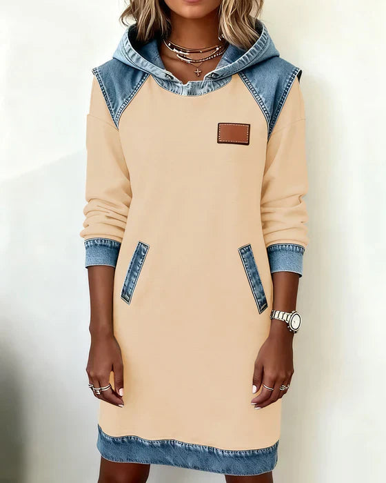 Summer Dresses: Women's Hooded Long Sleeve Midi Dress with Denim Look