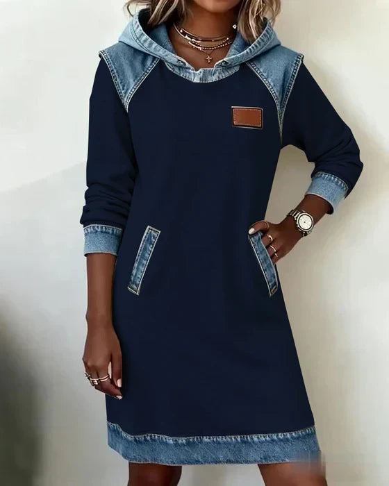 Summer Dresses: Women's Hooded Long Sleeve Midi Dress with Denim Look