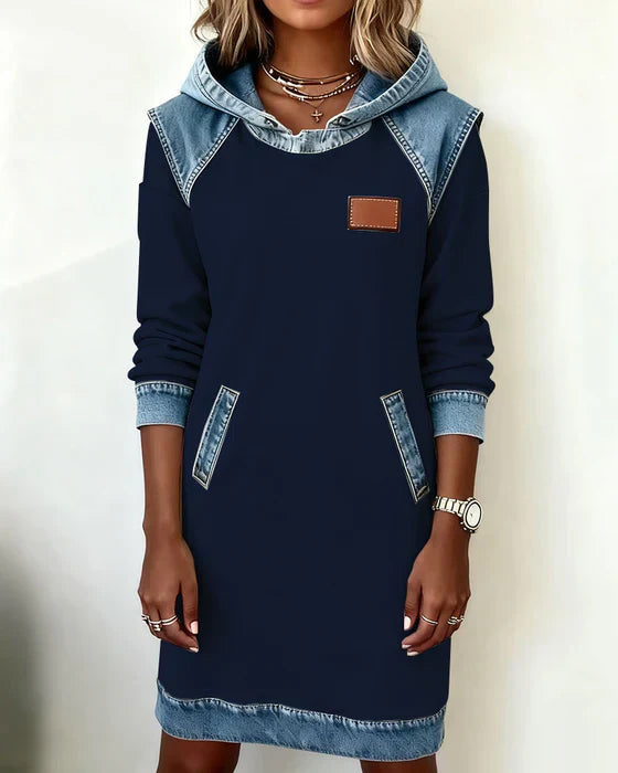 Summer Dresses: Women's Hooded Long Sleeve Midi Dress with Denim Look
