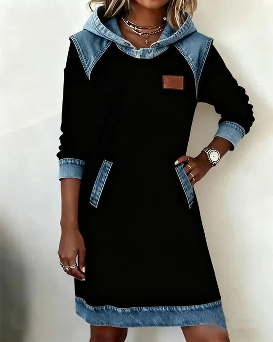 Summer Dresses: Women's Hooded Long Sleeve Midi Dress with Denim Look
