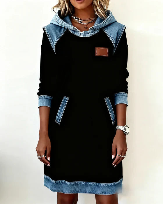 Summer Dresses: Women's Hooded Long Sleeve Midi Dress with Denim Look