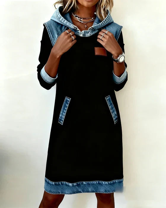 Summer Dresses: Women's Hooded Long Sleeve Midi Dress with Denim Look