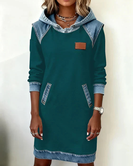 Summer Dresses: Women's Hooded Long Sleeve Midi Dress with Denim Look