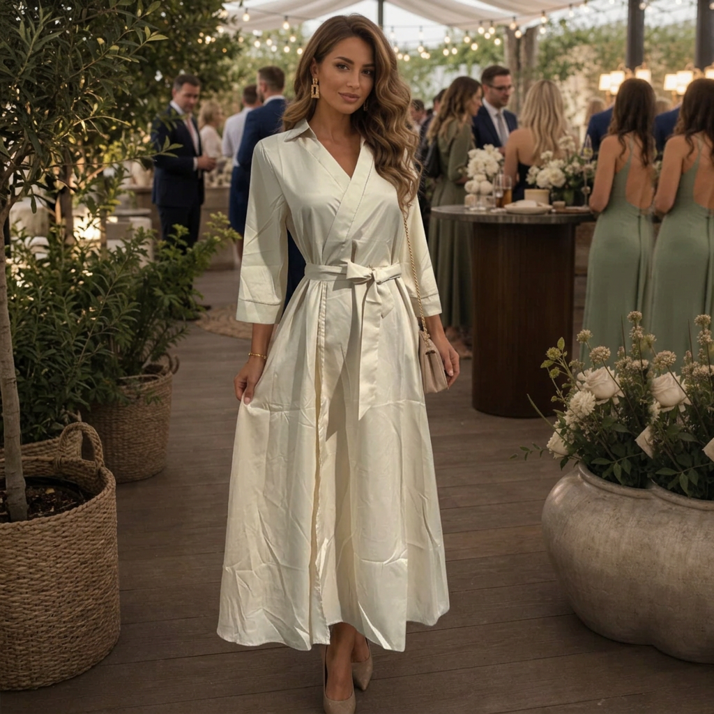 Summer Dresses: Women's Satin Wrap Midi Dress with Collar and Tie Belt