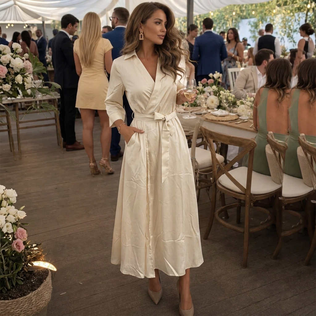 Summer Dresses: Women's Satin Wrap Midi Dress with Collar and Tie Belt