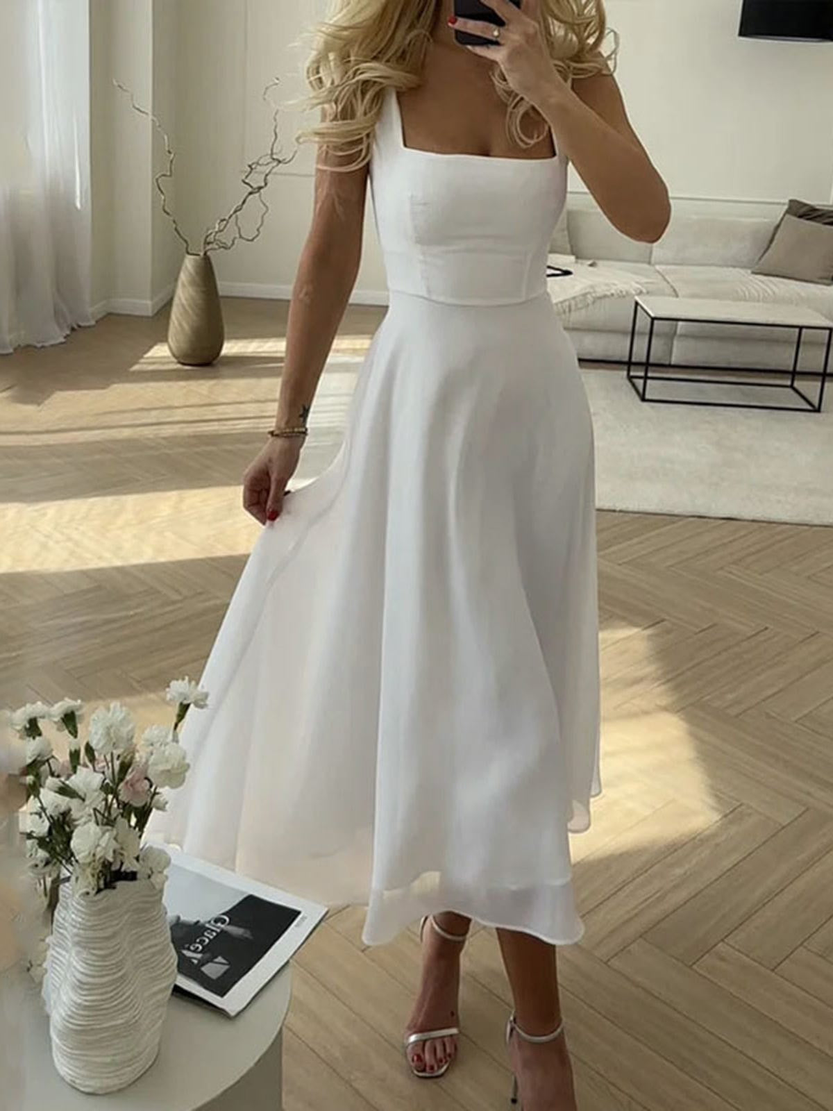 Summer Dresses - Women's Square Neck Sleeveless A-Line Midi Dress