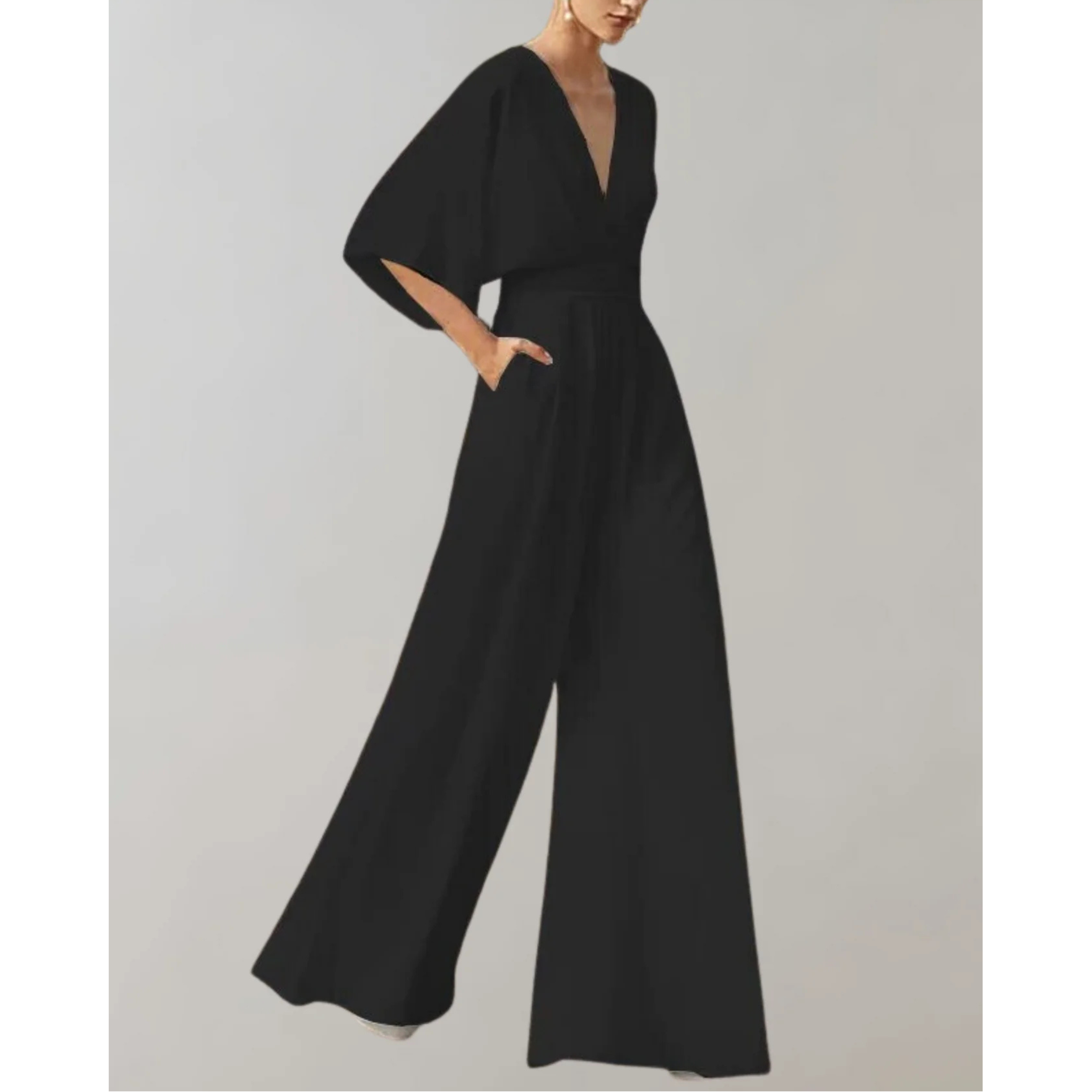 Summer Jumpsuits for Women, Wide-Leg V-Neck with Loose Batwing Sleeves
