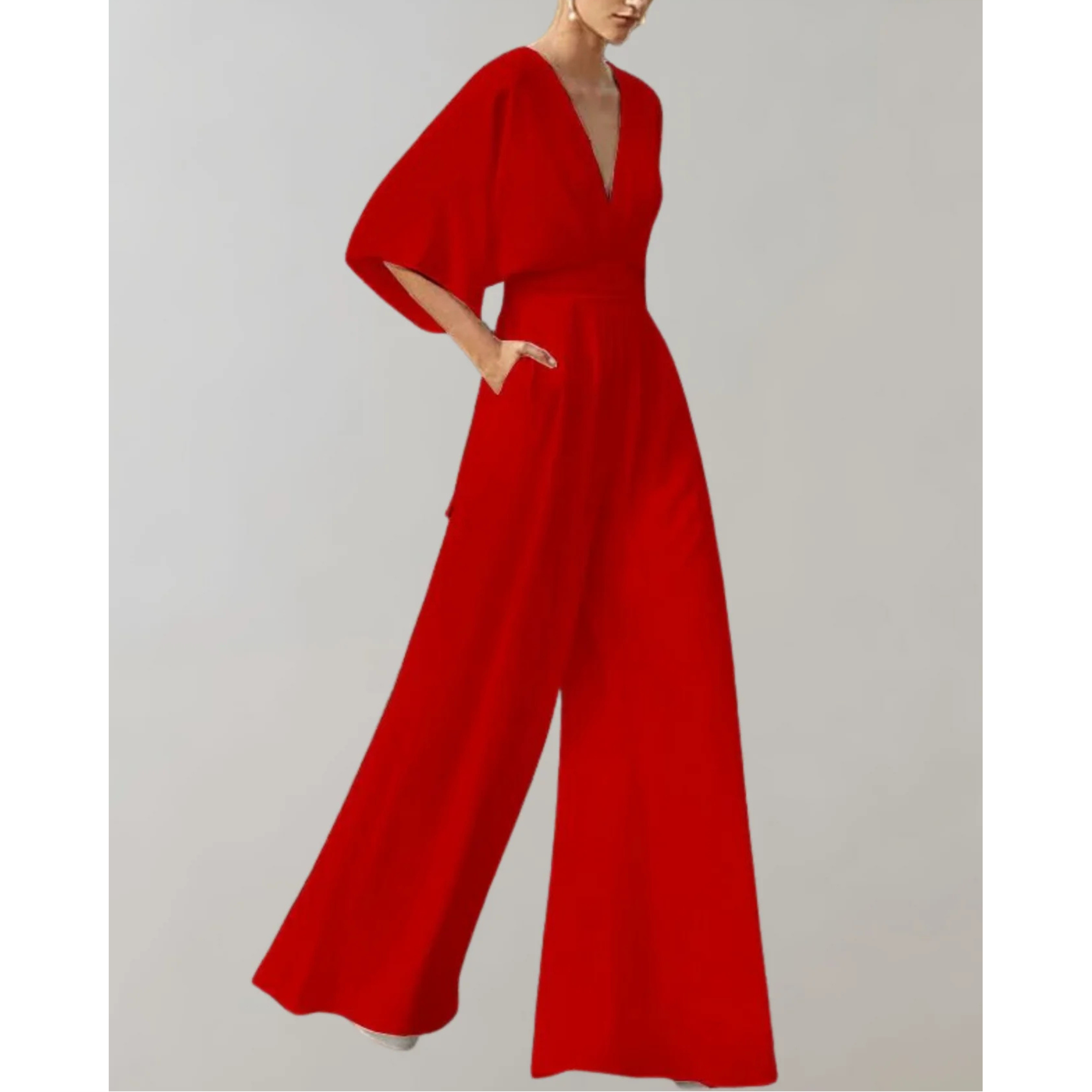 Summer Jumpsuits for Women, Wide-Leg V-Neck with Loose Batwing Sleeves