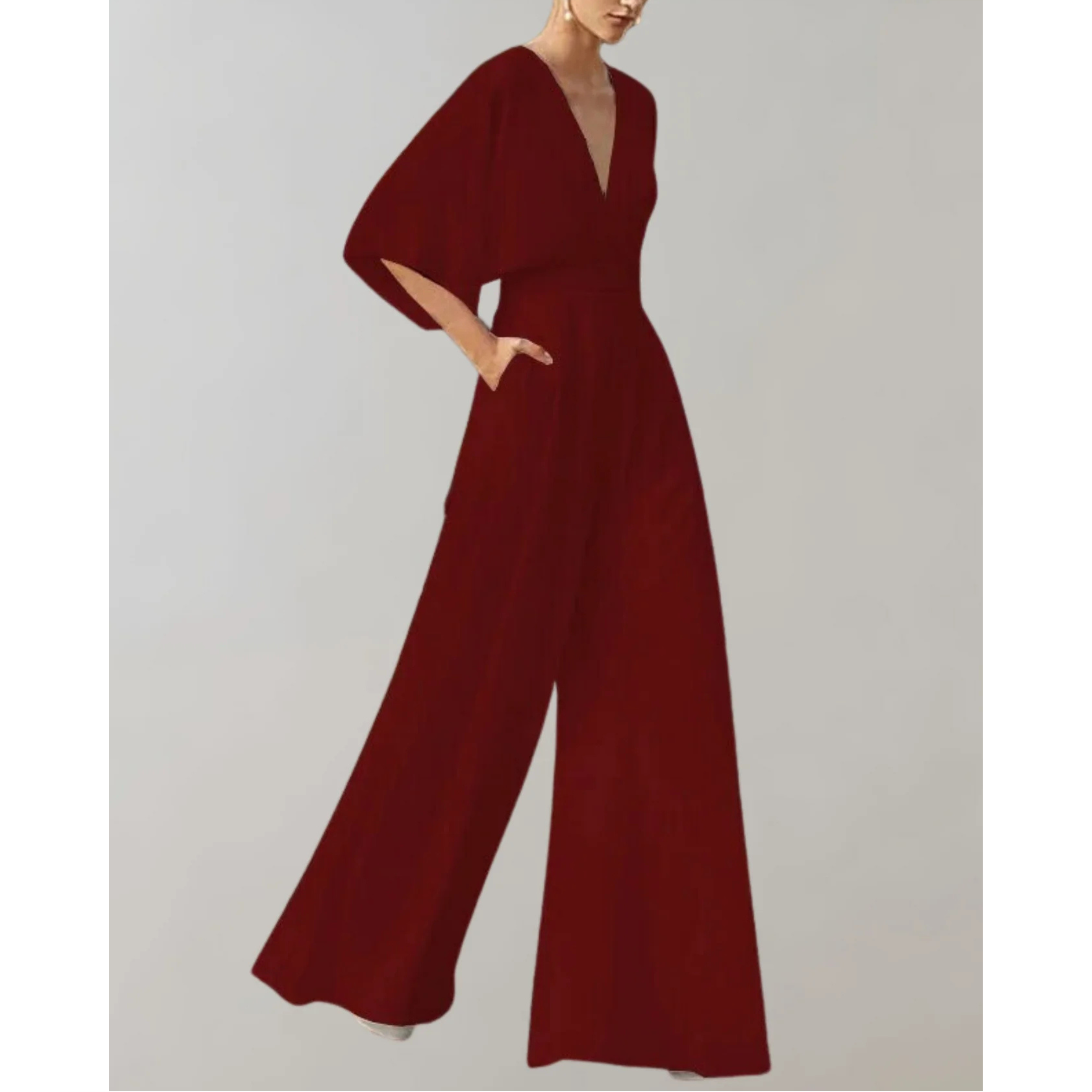 Summer Jumpsuits for Women, Wide-Leg V-Neck with Loose Batwing Sleeves