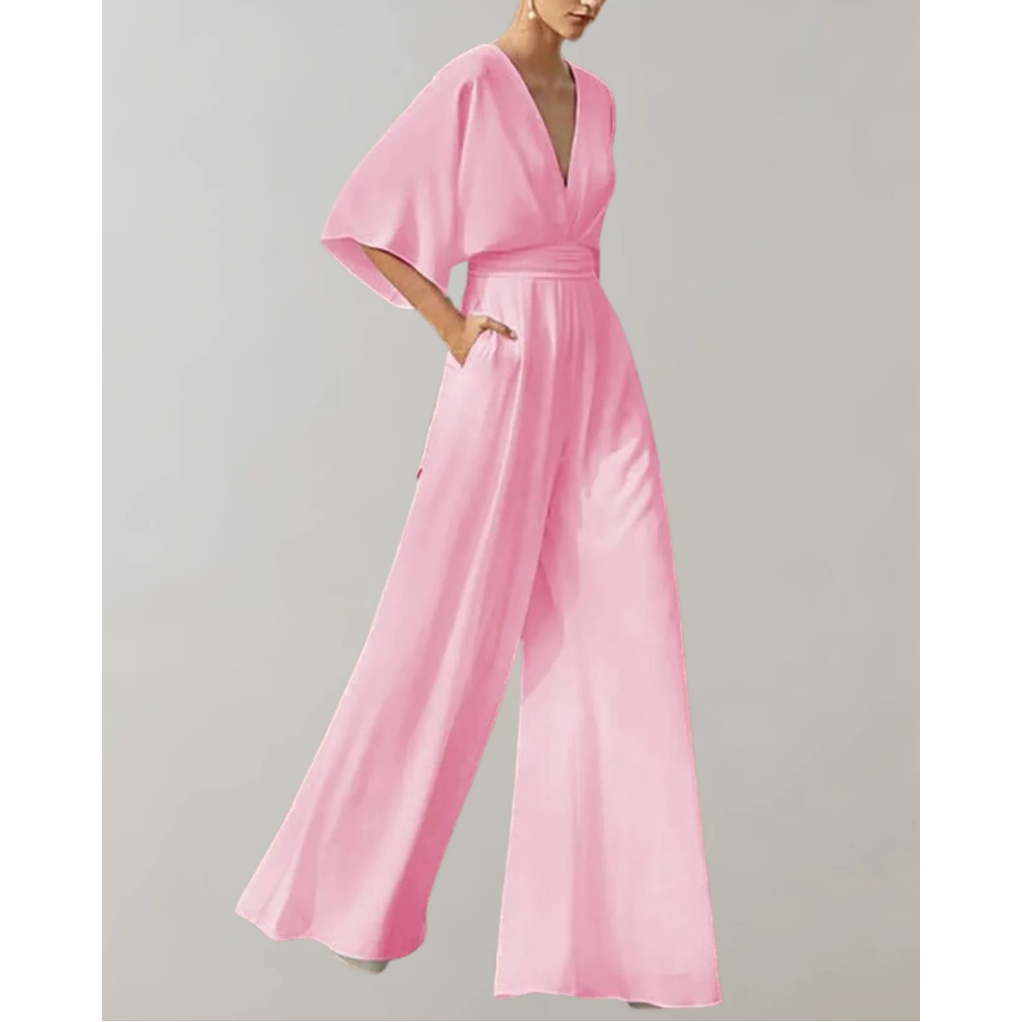 Summer Jumpsuits for Women, Wide-Leg V-Neck with Loose Batwing Sleeves