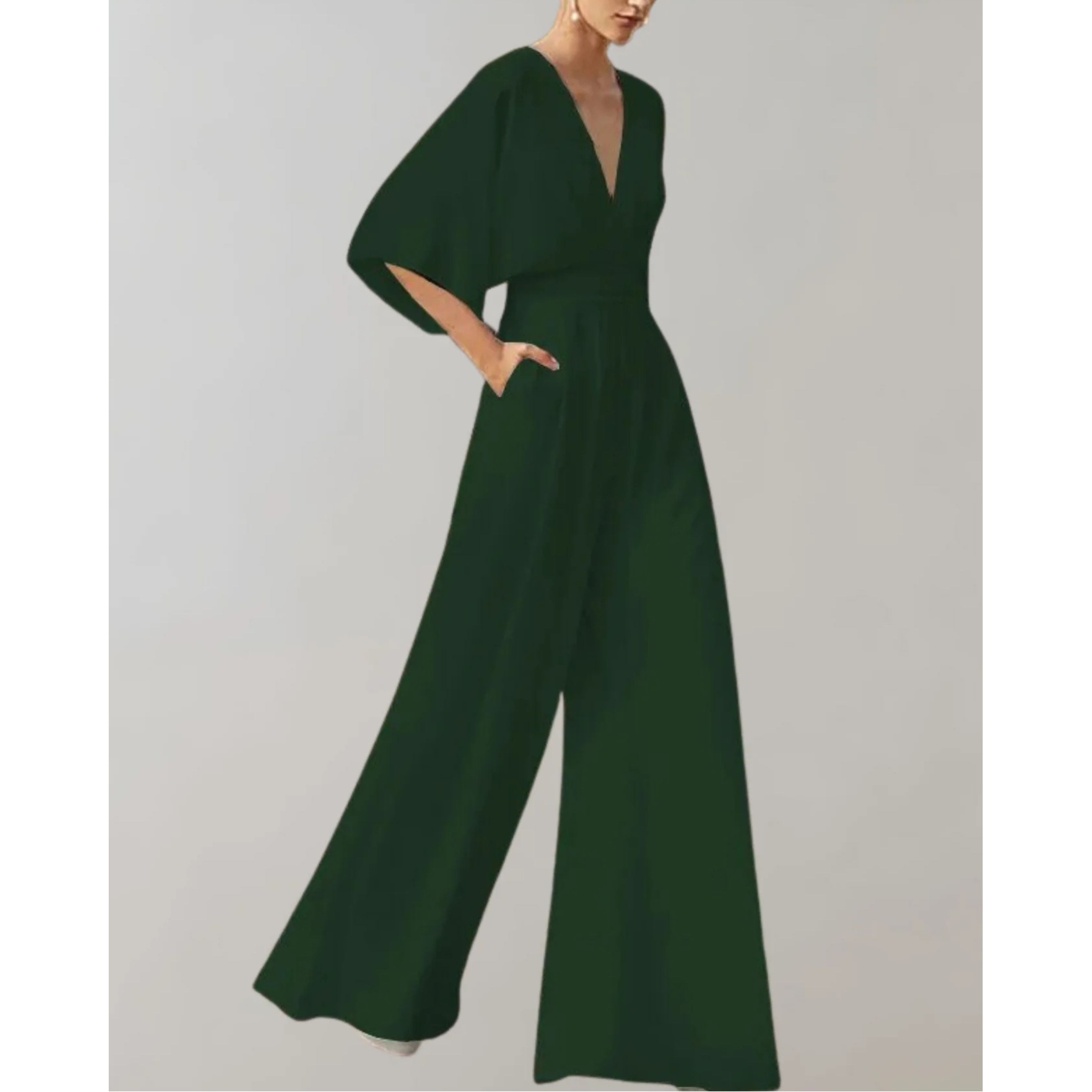 Summer Jumpsuits for Women, Wide-Leg V-Neck with Loose Batwing Sleeves
