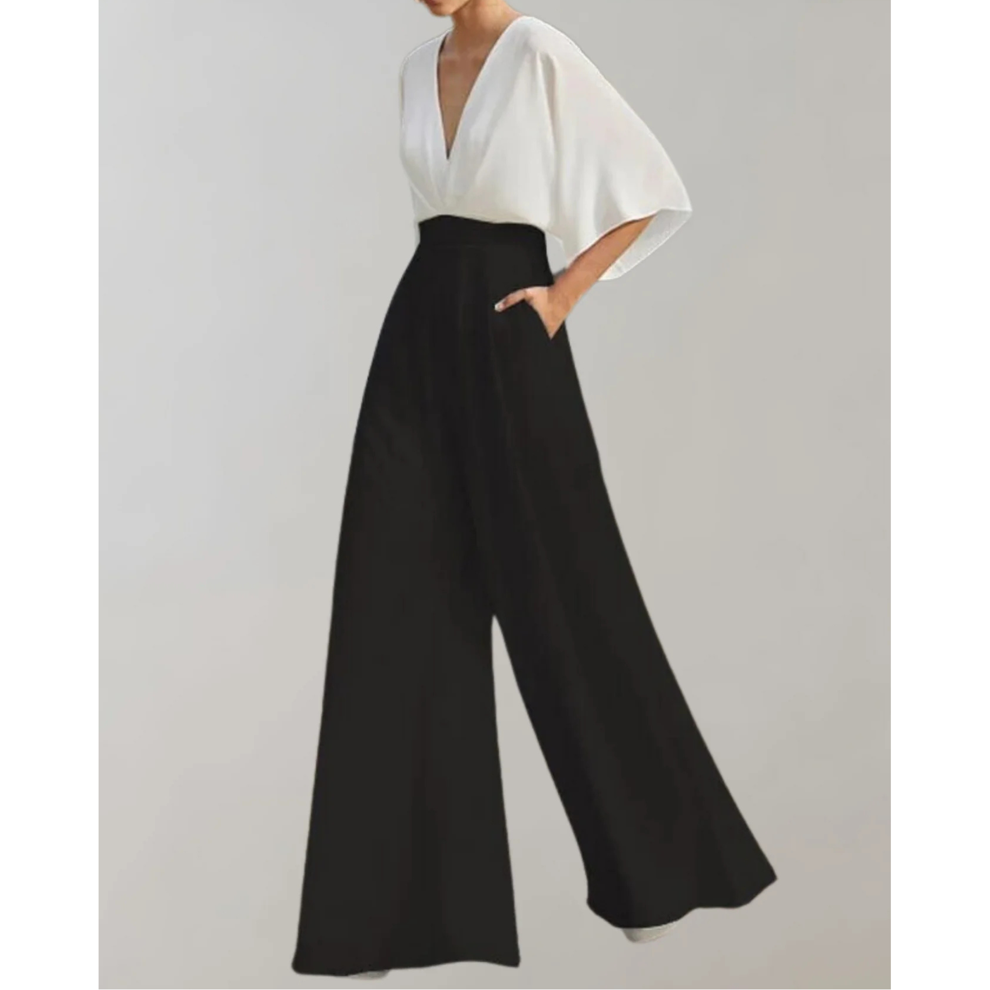 Summer Jumpsuits for Women, Wide-Leg V-Neck with Loose Batwing Sleeves