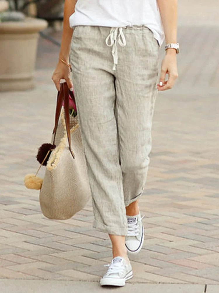 Summer Pants for Women with Elastic Drawstring Waist in Linen Look