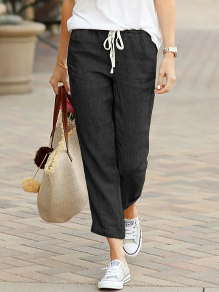 Summer Pants for Women with Elastic Drawstring Waist in Linen Look