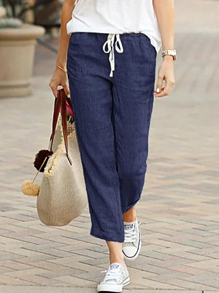 Summer Pants for Women with Elastic Drawstring Waist in Linen Look