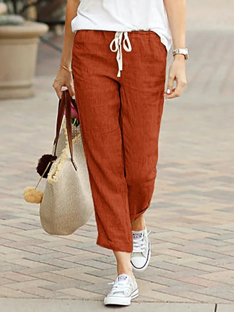 Summer Pants for Women with Elastic Drawstring Waist in Linen Look